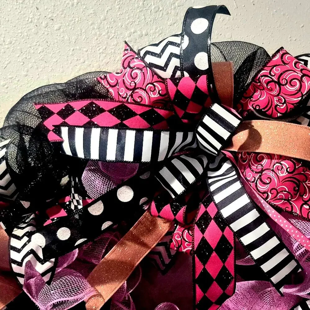 Wreath Rabbit flowers Valentines, Easter, Spring, Summer SIGN Ribbon pink black
